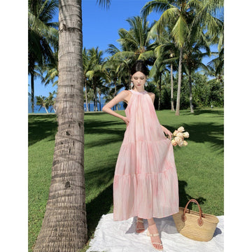 Hanging Neck Dress Women Summer Long Dress Small Pink Sleeveless Seaside Holiday Tie Dye Dress